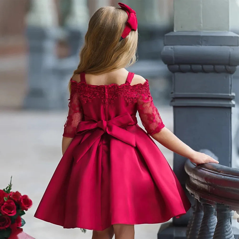 Girls' lace-trimmed dress in polyester available in five colours with toddler to child sizing