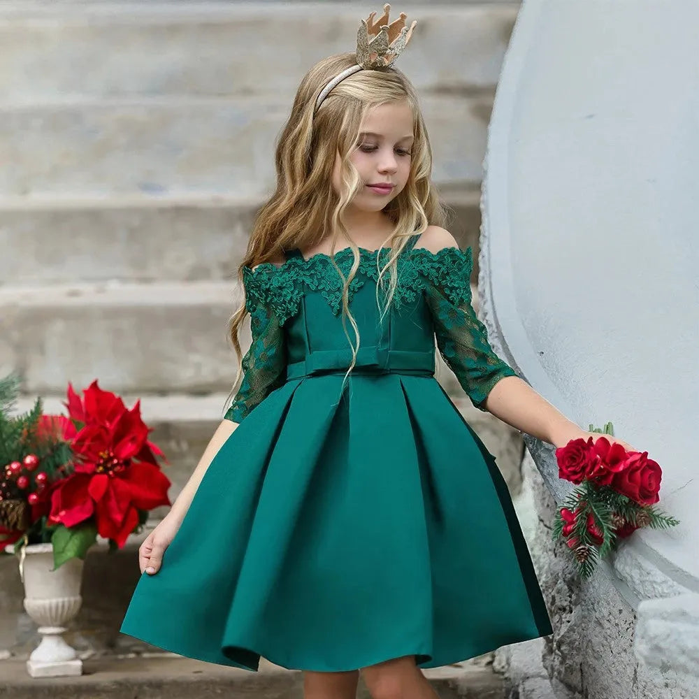 Girls' lace-trimmed dress in polyester available in five colours with toddler to child sizing