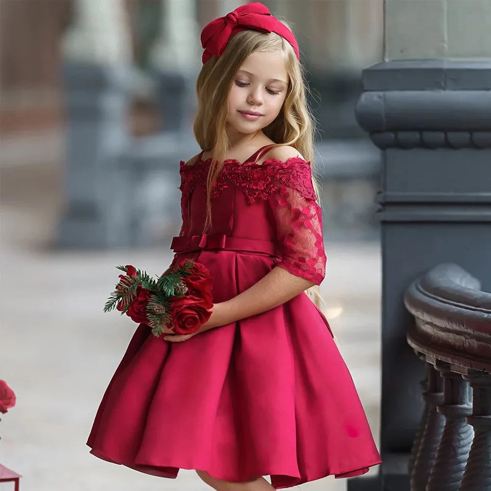 Girls' lace-trimmed dress in polyester available in five colours with toddler to child sizing