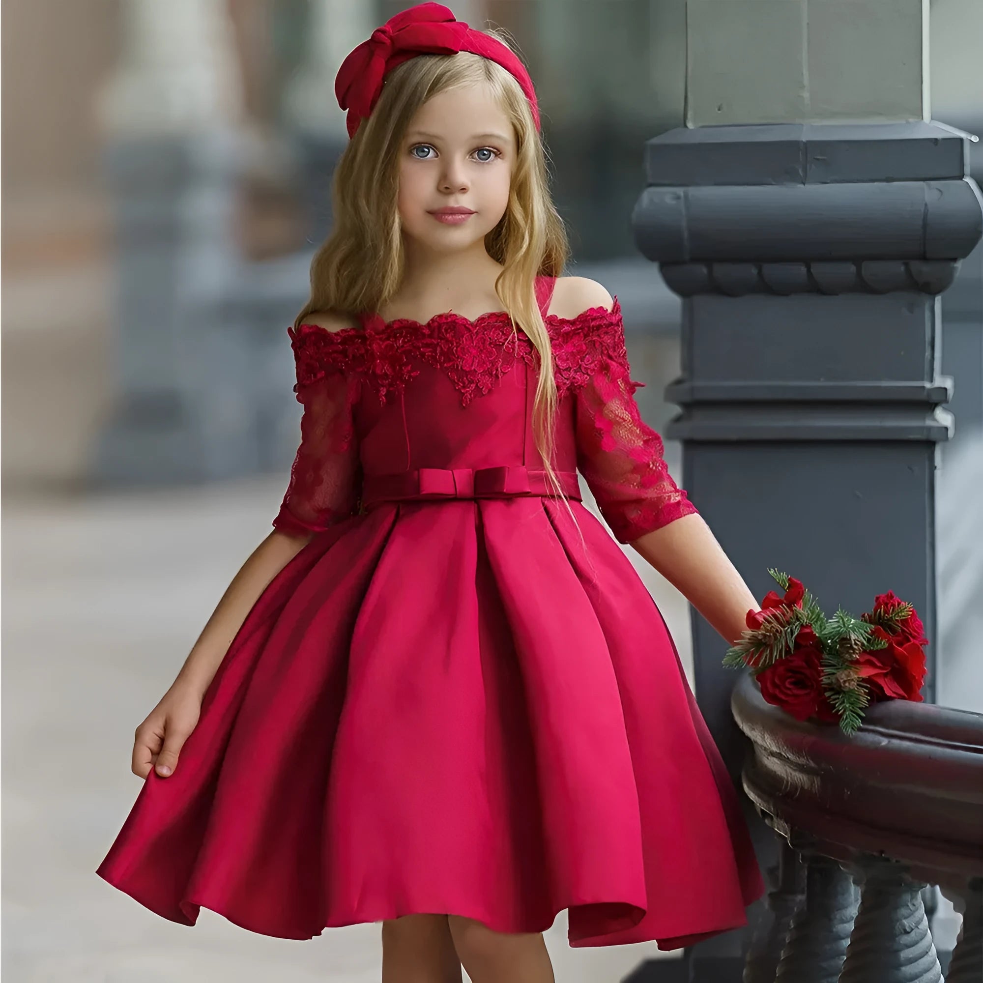 Girls' lace-trimmed dress in polyester available in five colours with toddler to child sizing