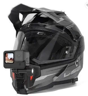 Black motorcycle helmet chin strap mount for GoPro and sports cameras with silicone grip