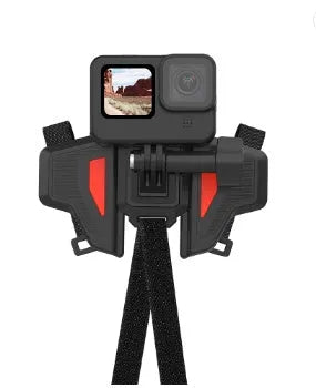Black motorcycle helmet chin strap mount for GoPro and sports cameras with silicone grip