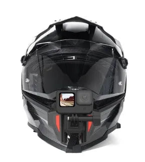 Black motorcycle helmet chin strap mount for GoPro and sports cameras with silicone grip