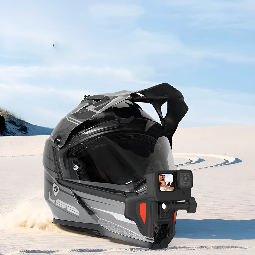Black motorcycle helmet chin strap mount for GoPro and sports cameras with silicone grip