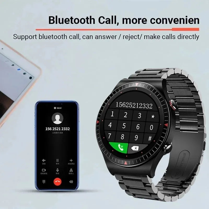 Black metal smart watch with circular touch screen displaying heart rate and time on a black TPU strap.