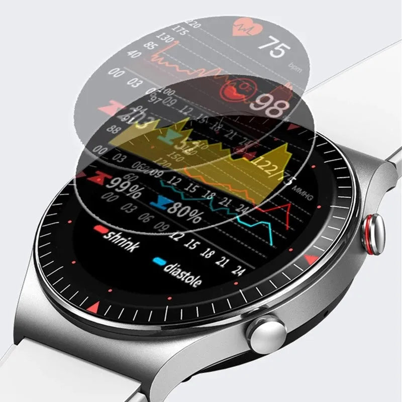 Black metal smart watch with circular touch screen displaying heart rate and time on a black TPU strap.