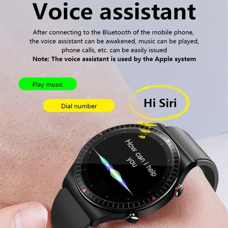 Black metal smart watch with circular touch screen displaying heart rate and time on a black TPU strap.