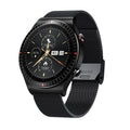 Black metal smart watch with circular touch screen displaying heart rate and time on a black TPU strap.