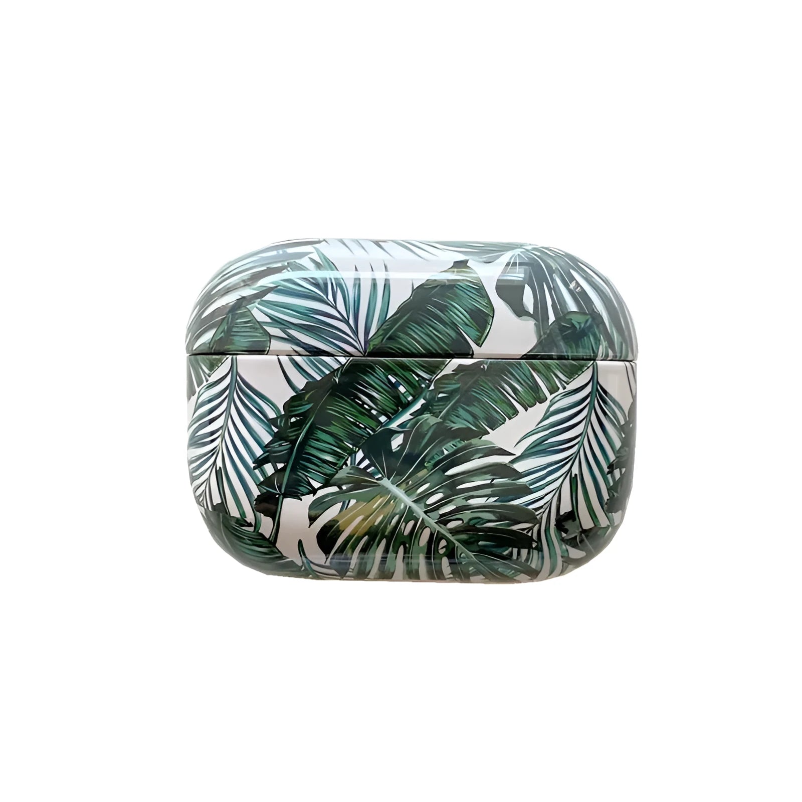Blue soft TPU AirPods case with painted tropical banana leaves design.