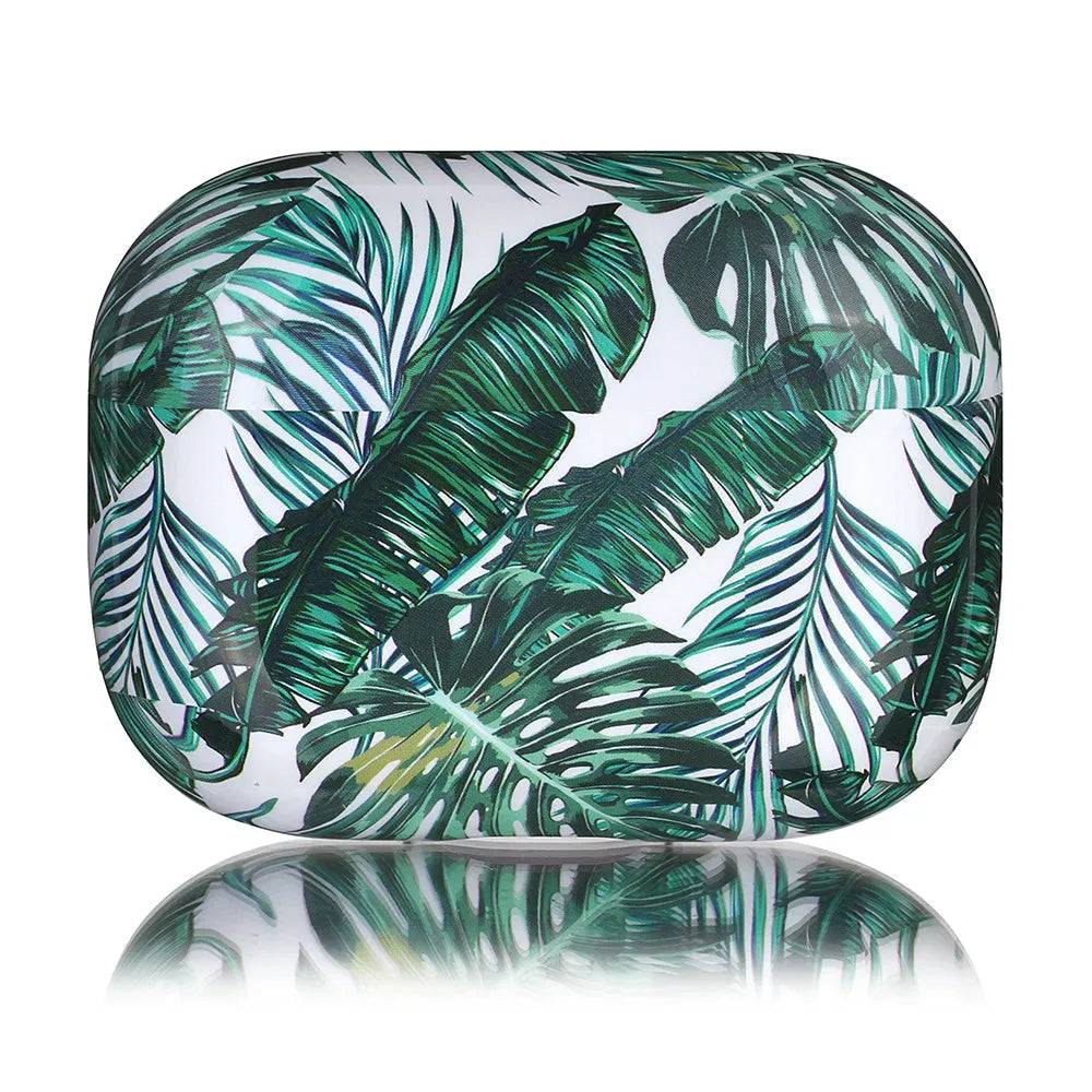 Blue soft TPU AirPods case with painted tropical banana leaves design.