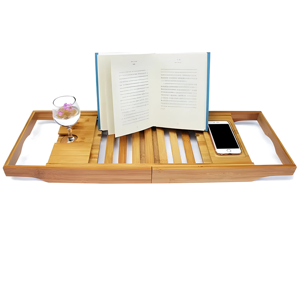 Bamboo single-tier desktop storage rack for bathroom organisation next to a bathtub.