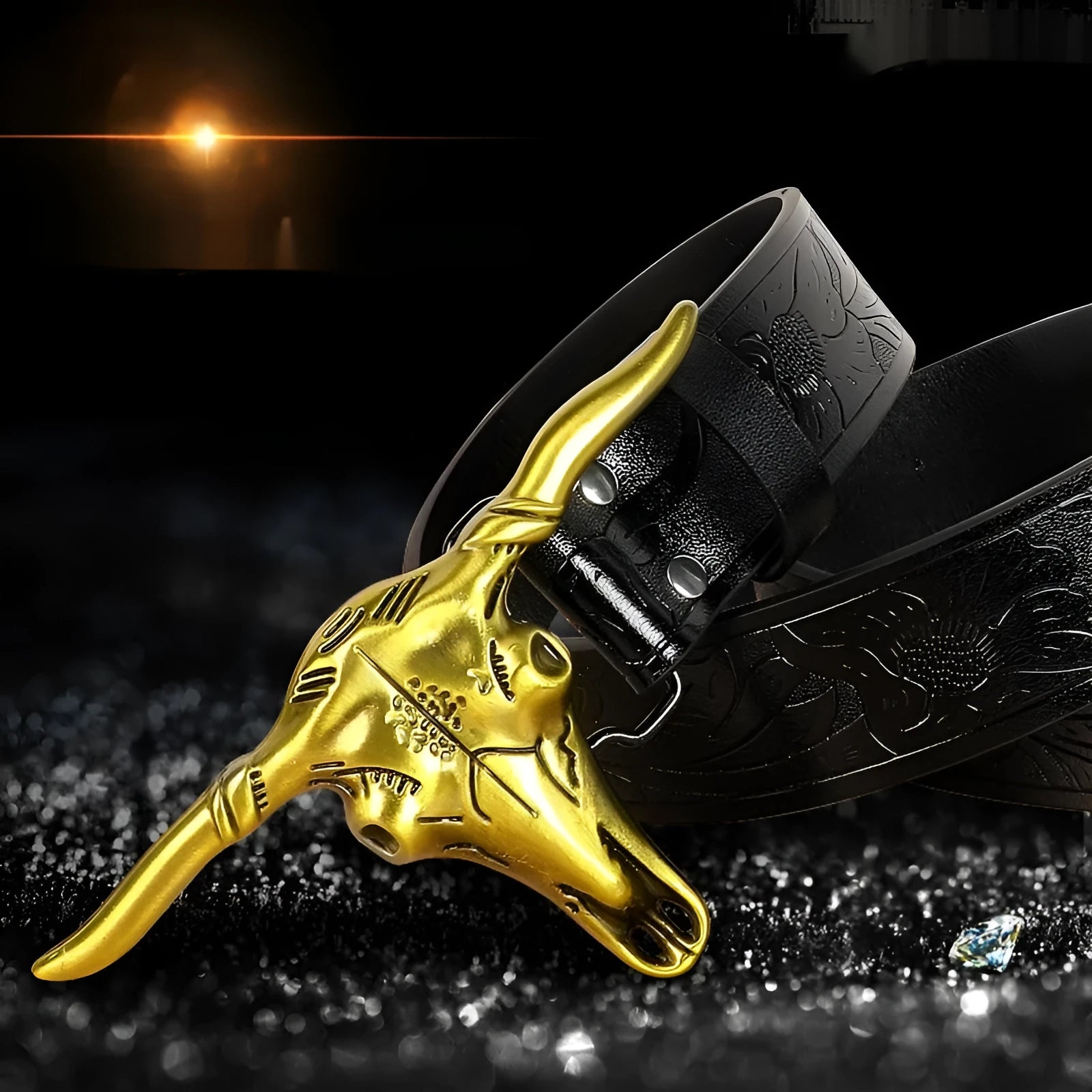 Men's brown imitation leather belt with a detailed silver cow head alloy buckle and pin fastening.