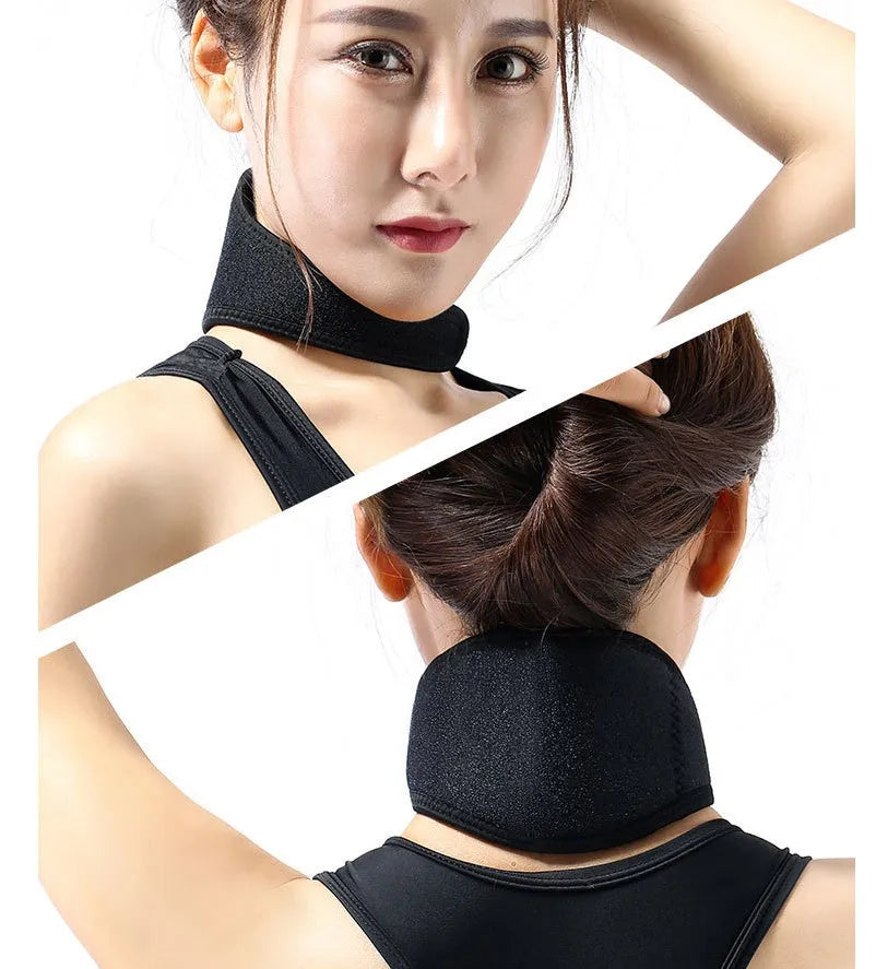 Black adjustable self-heating magnetic therapy neck guard showing straps.