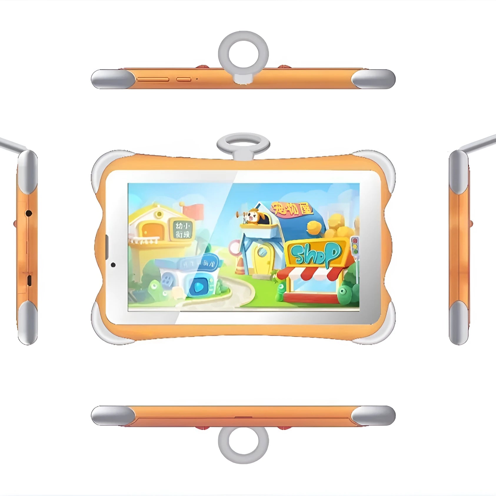7-inch children's learning tablet in cartoon colours with stand, showing 3G calling and Bluetooth features
