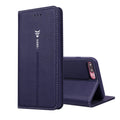 Black PU leather flip wallet phone case for iPhone shown open with card slots visible.