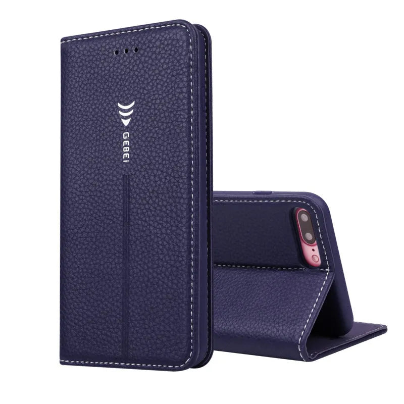 Black PU leather flip wallet phone case for iPhone shown open with card slots visible.