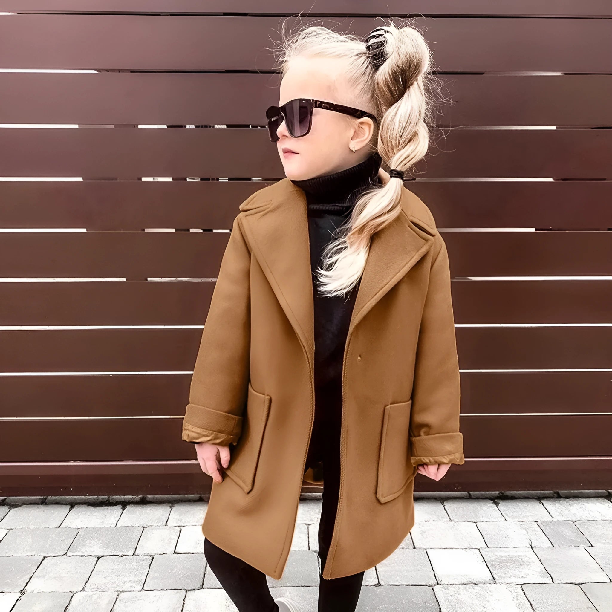 Children's brown woolen coat with suit collar and long sleeves
