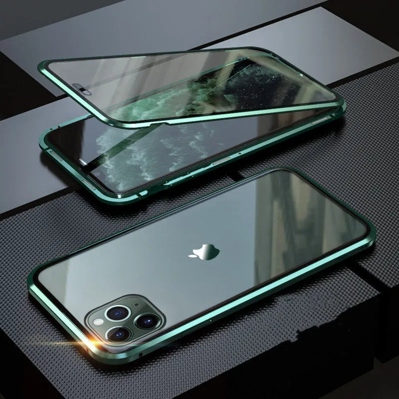 Geometric patterned glass clamshell privacy case for iPhone on a table.