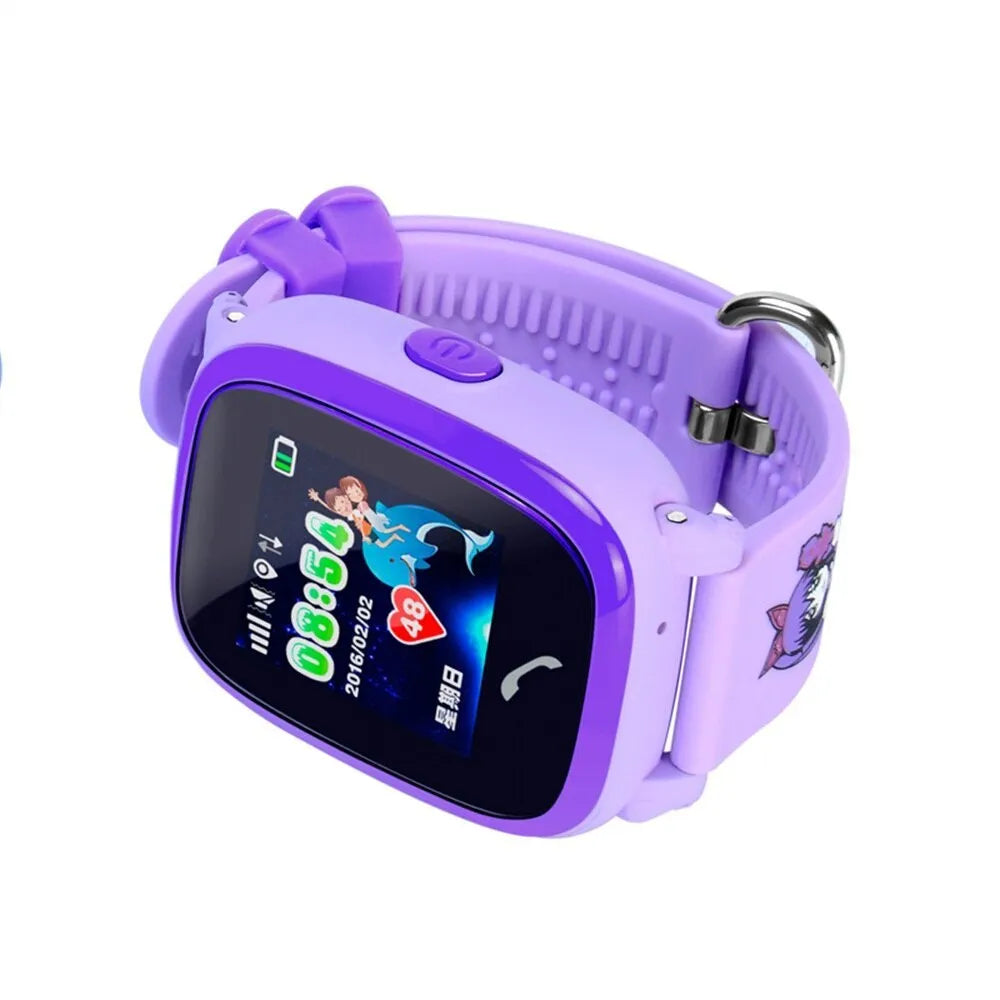 Children waterproof smart watch with touch screen and silicone band in blue or purple showing rescue call feature