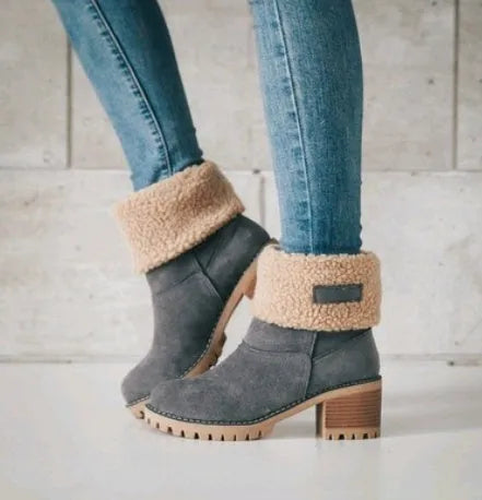 Women's mid-calf suede snow boots in grey with a thick heel and waterproof platform sole.