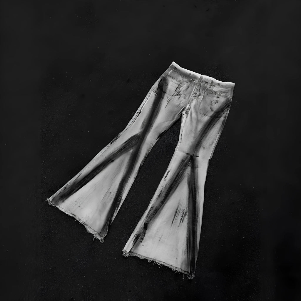 White denim jeans with black ribbon gradient detailing and heavy rough selvedge construction