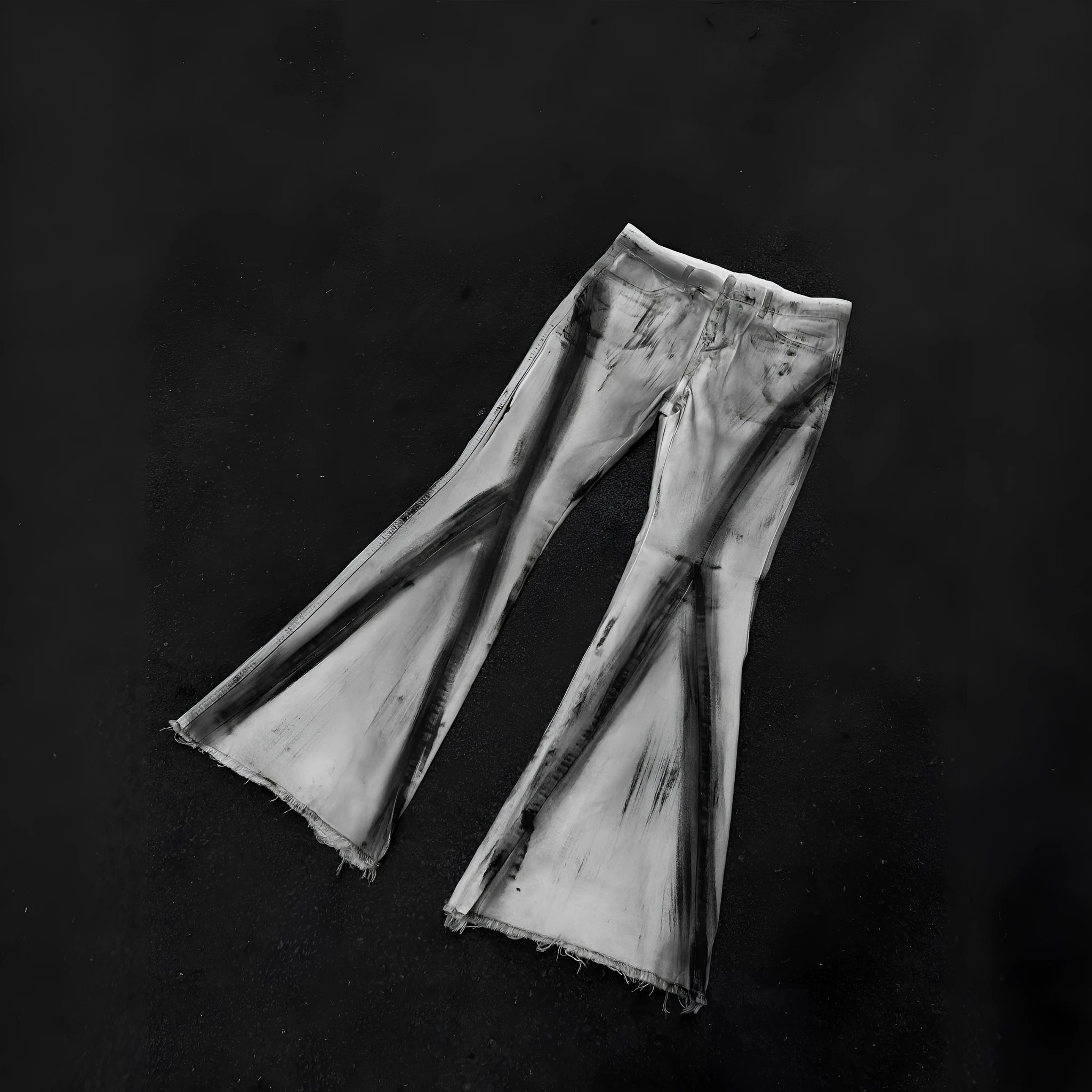 White denim jeans with black ribbon gradient detailing and heavy rough selvedge construction