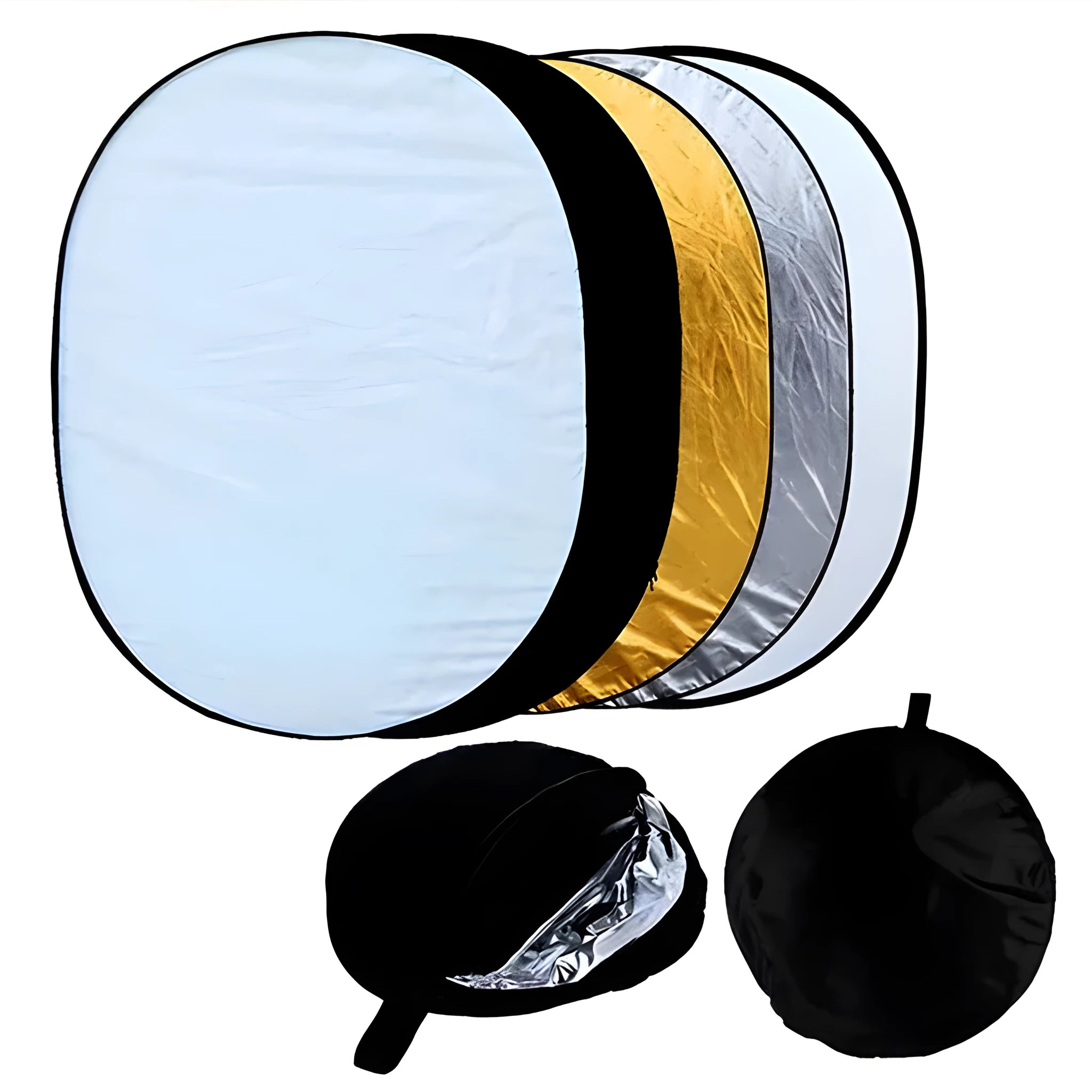 5-in-1 collapsible photography light reflector with gold, silver, white, black, and translucent surfaces.