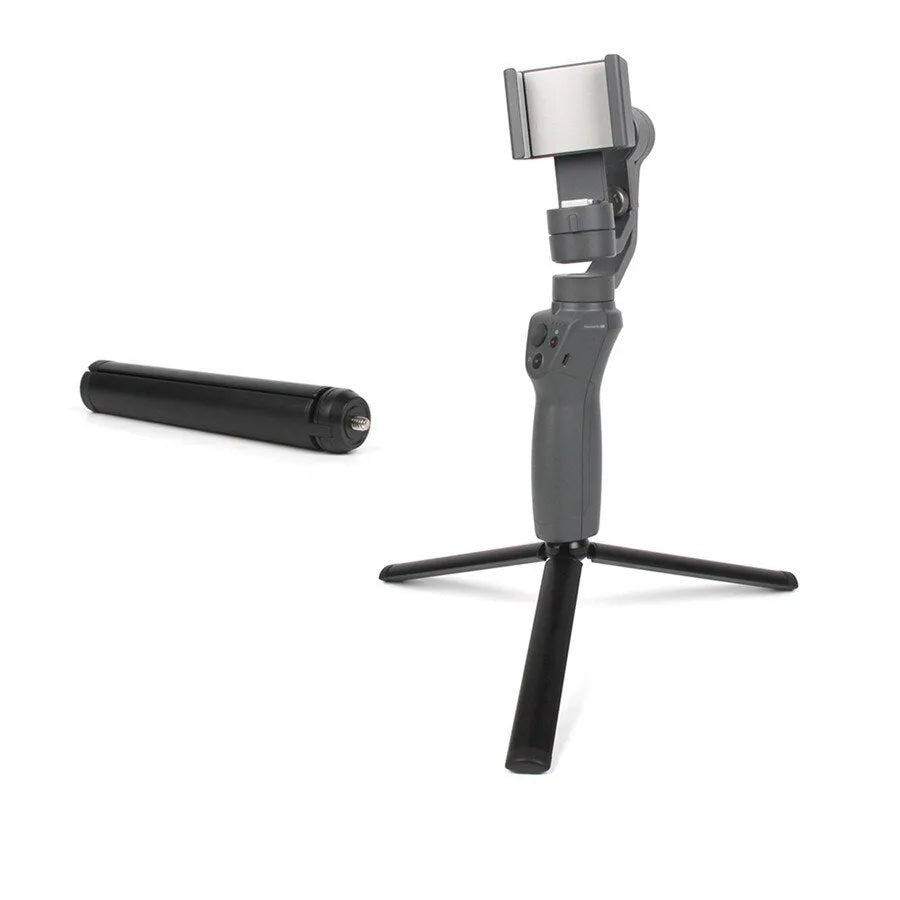 Black aluminium alloy mobile phone tripod and handheld stabiliser with telescopic legs extended.