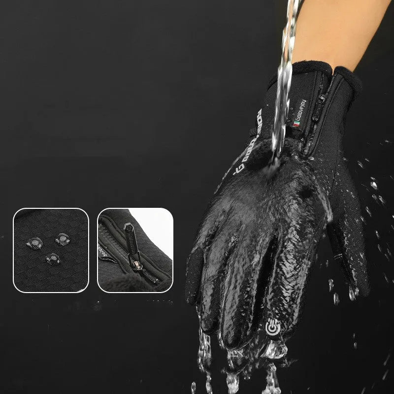 Polar fleece winter cycling gloves with split finger design in black, front view