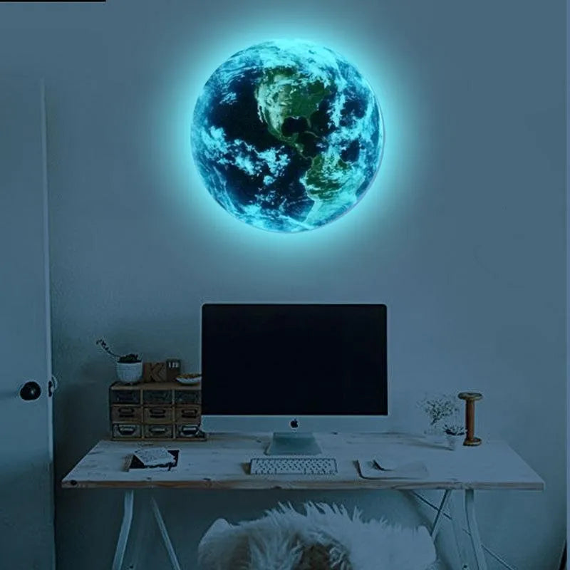 Glow in the dark Planet Earth wall sticker in three sizes: 10cm, 20cm, and 30cm diameter.