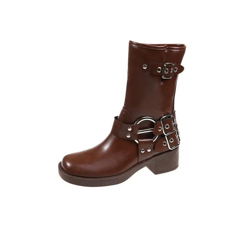 Women's black platform fashion boots with buckle detail and mid-calf length