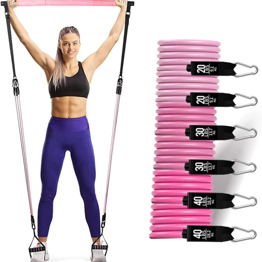 Yoga gymnastic bar with 180 pound pink resistance band set for fitness training