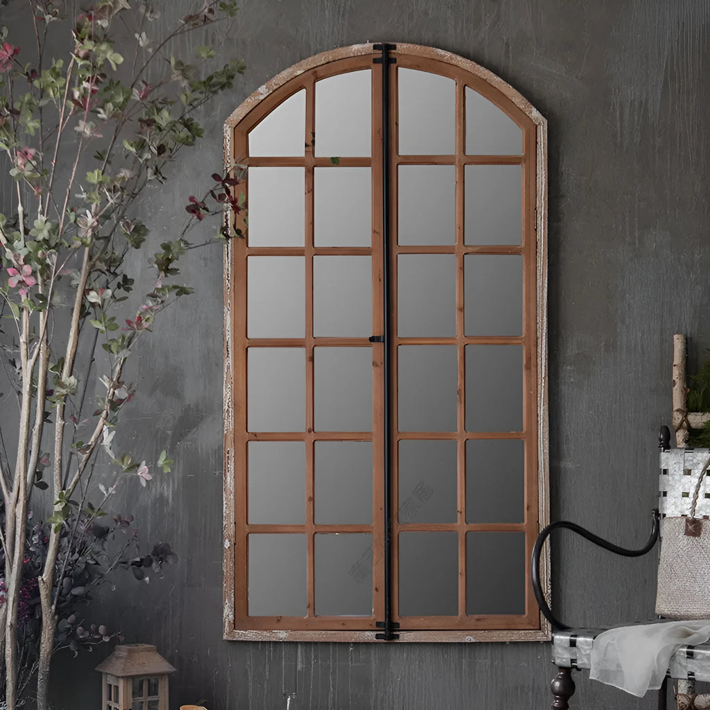 Terrace distressed log colour wooden framed fake window wall mirror, A316 style.