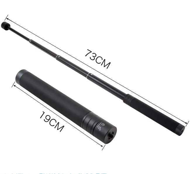 Black retractable selfie stick with hand-held stabiliser extended for smartphone photography