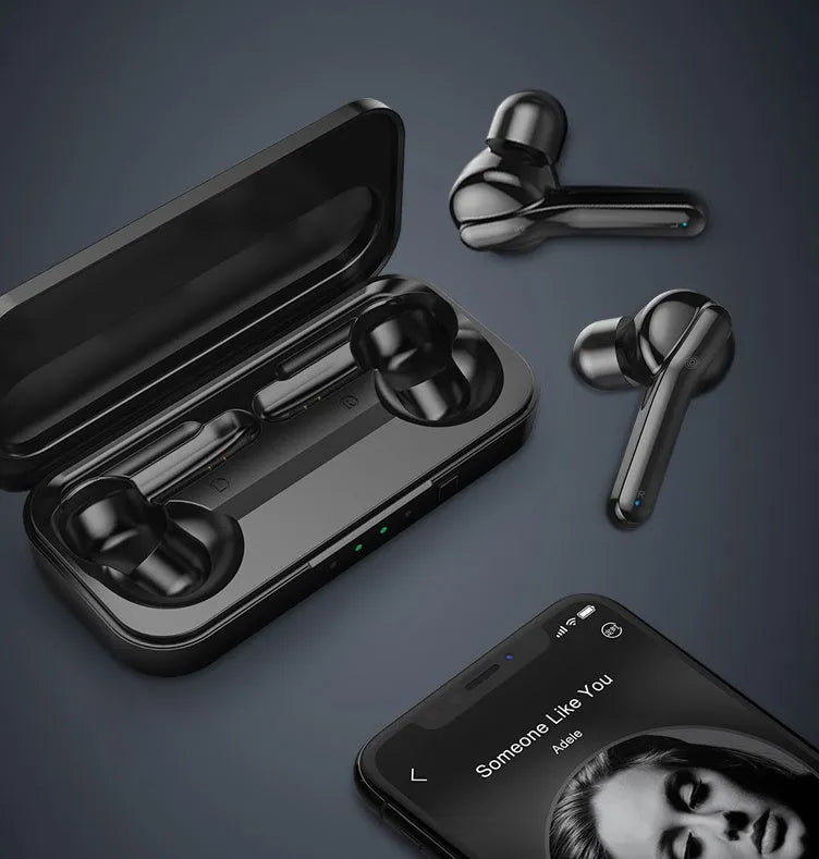 Black and white TWS wireless Bluetooth 5.0 earbuds with IPX5 waterproof rating