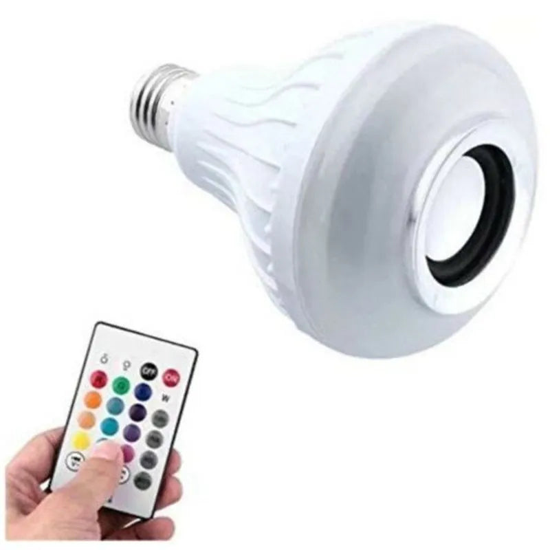 White Bluetooth speaker smart LED bulb with E27 base and remote control.