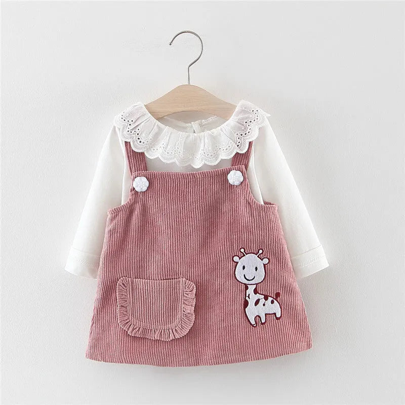 Baby girl two-piece cotton suspenders dress set in yellow with cartoon animal print