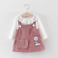 Baby girl two-piece cotton suspenders dress set in yellow with cartoon animal print