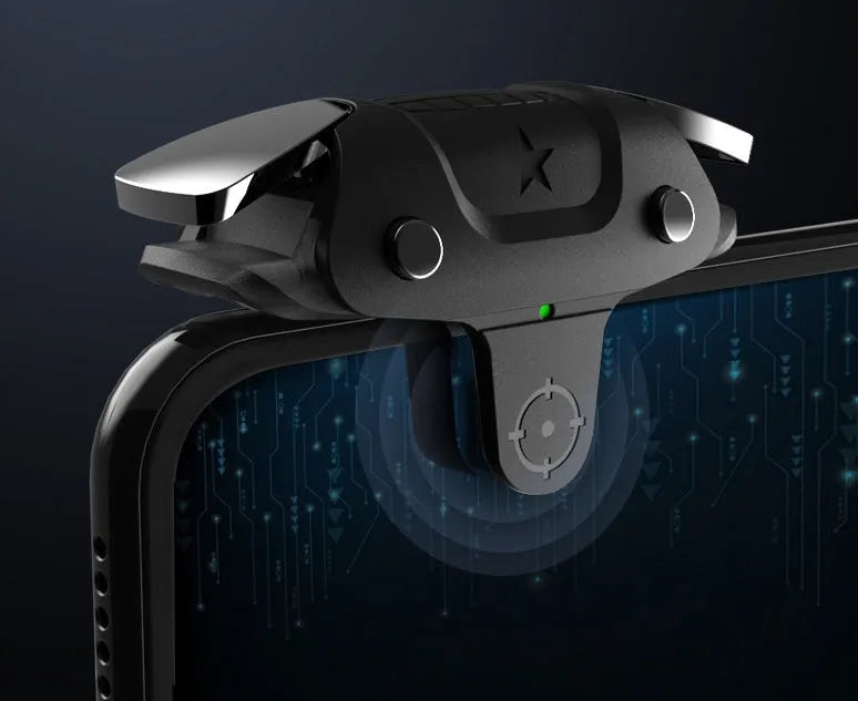 Black F5 mobile phone game controller showing compact handheld design.