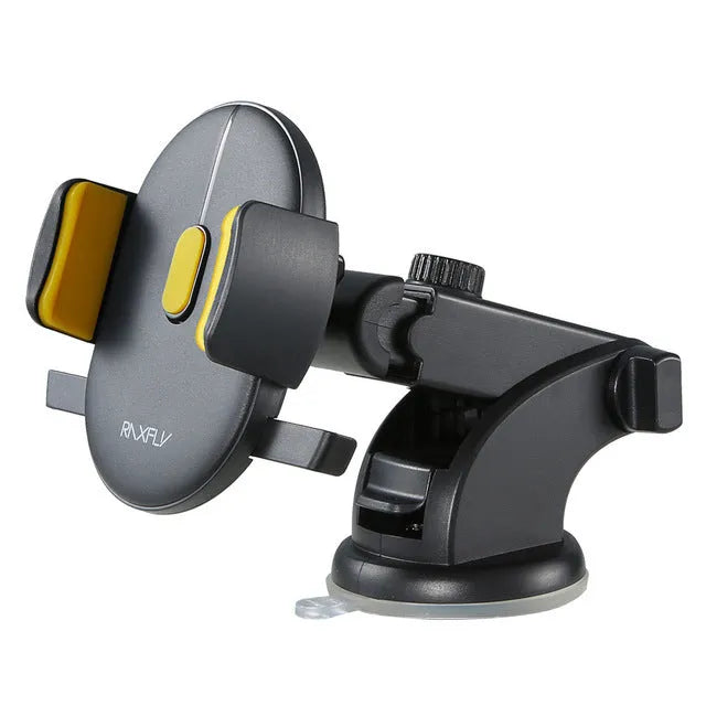 Yellow and black telescopic car phone holder with suction cup mounted on a dashboard