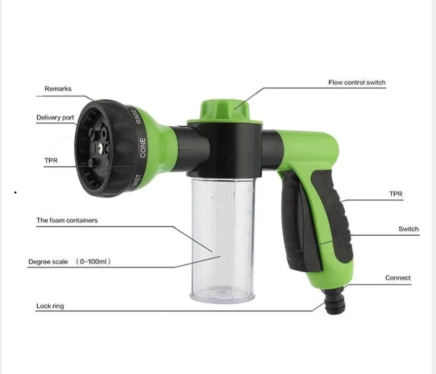 Green high pressure foam spray gun with adjustable nozzle for car washing and household cleaning tasks