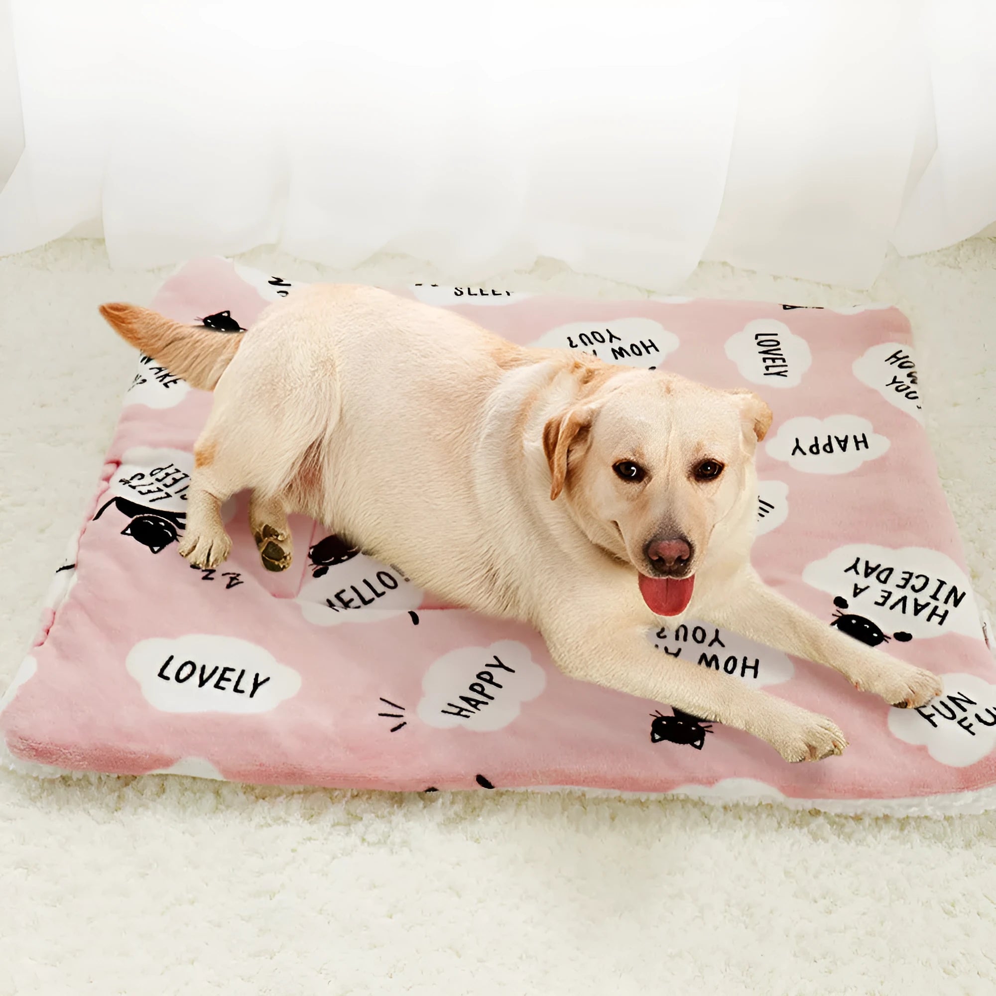 Pink lambskin pet blanket with cute cartoon design made from flannel and cashmere