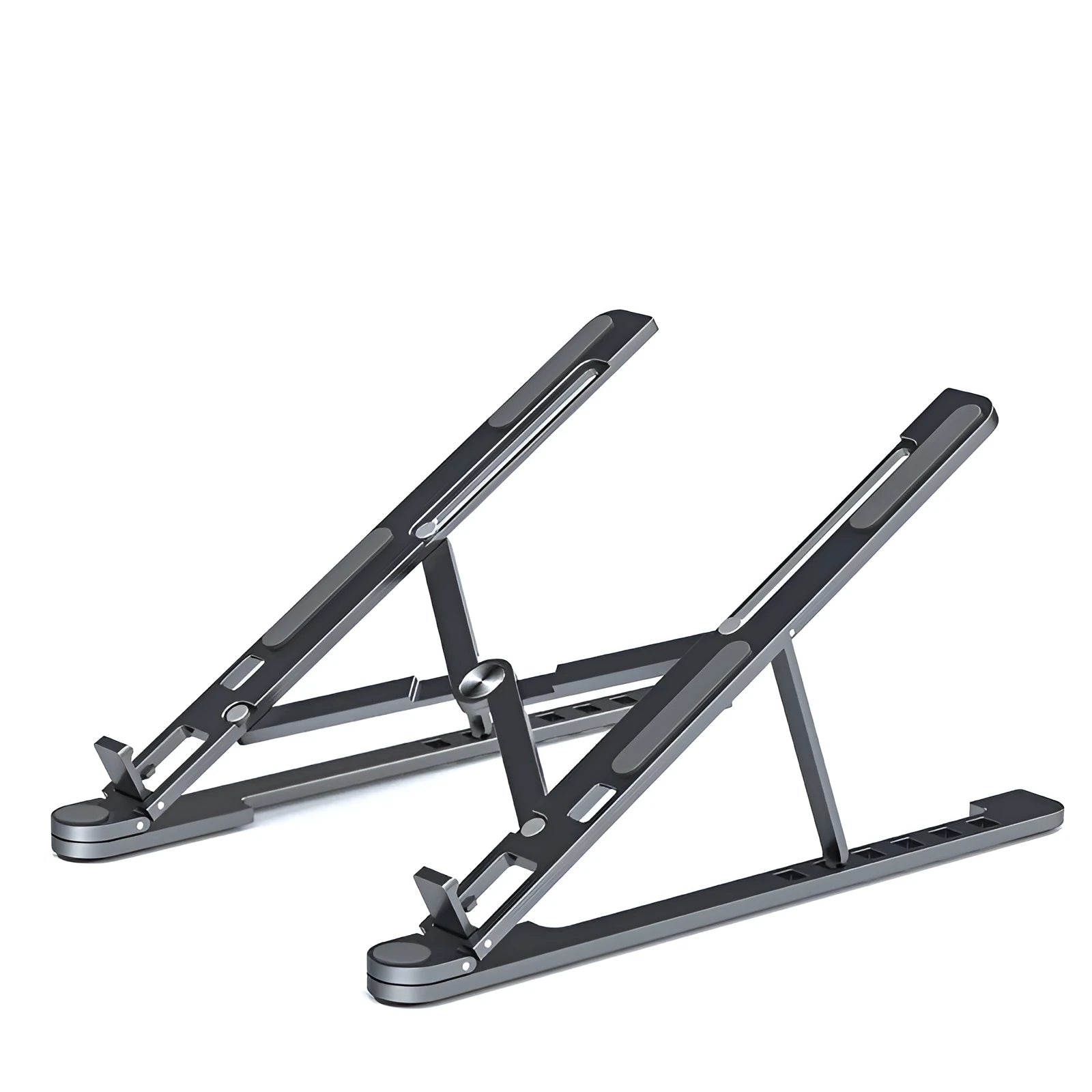 Aluminum foldable laptop stand in silver colour, shown adjusted to an elevated height with a laptop on top.