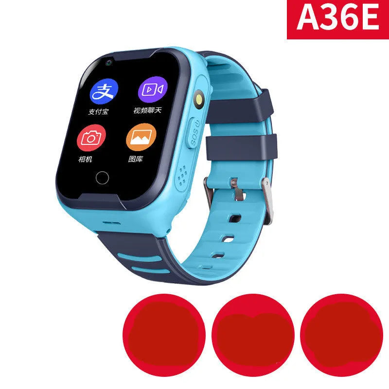 Blue children's GPS smartwatch with a 1.44-inch colour touch screen showing a video call interface.