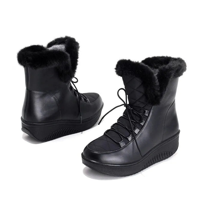 Women's black winter platform boots with 3cm heel and lace-up closure