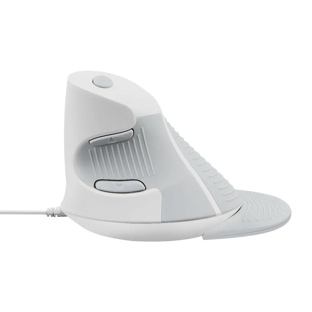 Black and white ergonomic vertical mouse with wired USB connection for desktop computers