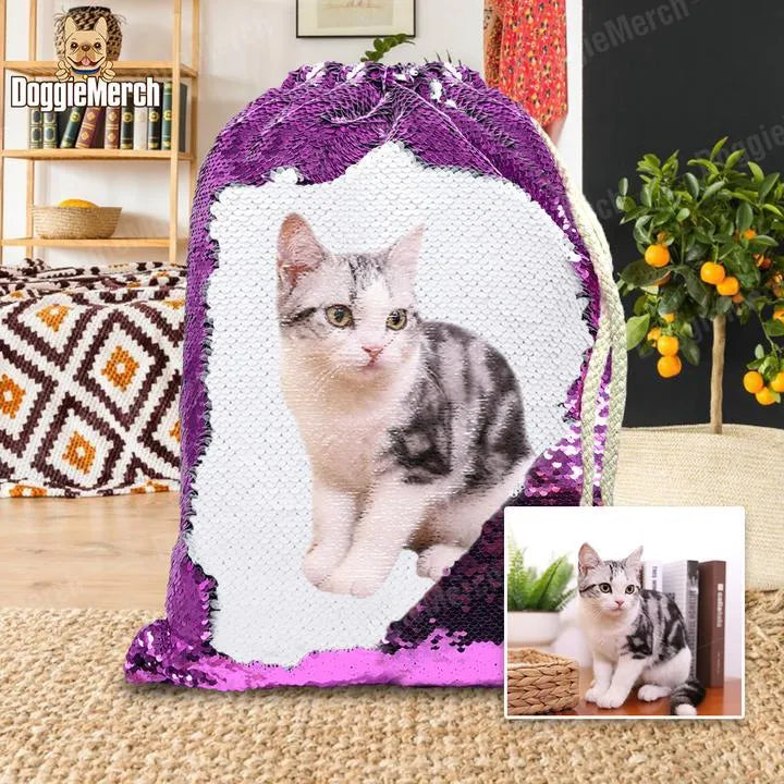 Custom purple sequin backpack with a printed dog photo and a drawstring opening.
