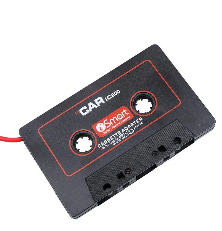 Black plastic audio cassette adapter with 3.5mm jack cable for converting car stereos to accept mobile phone audio