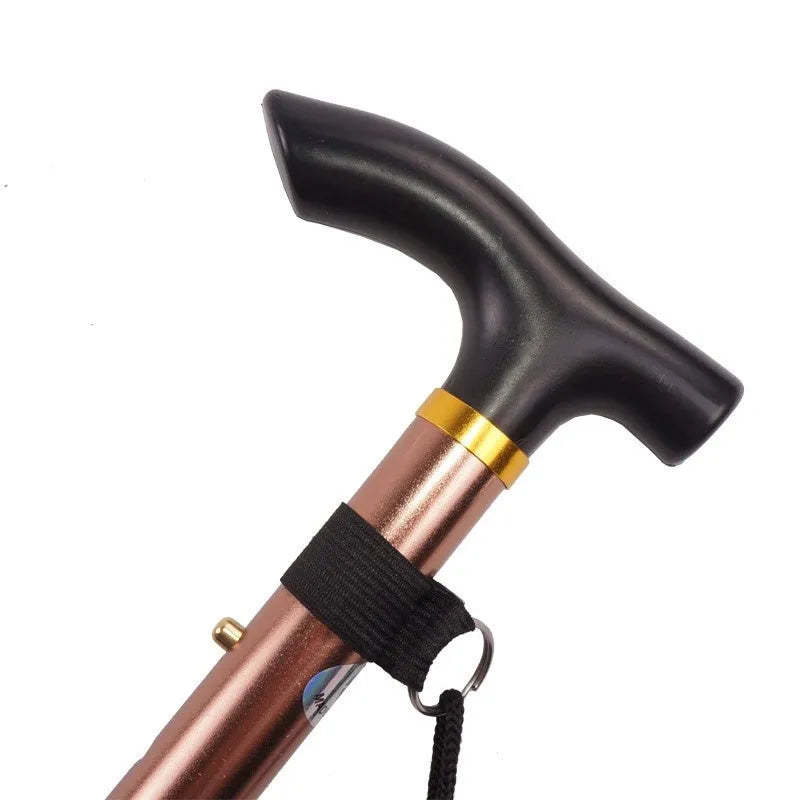 Aluminium folding walking cane extended to show adjustable height and non-slip handle
