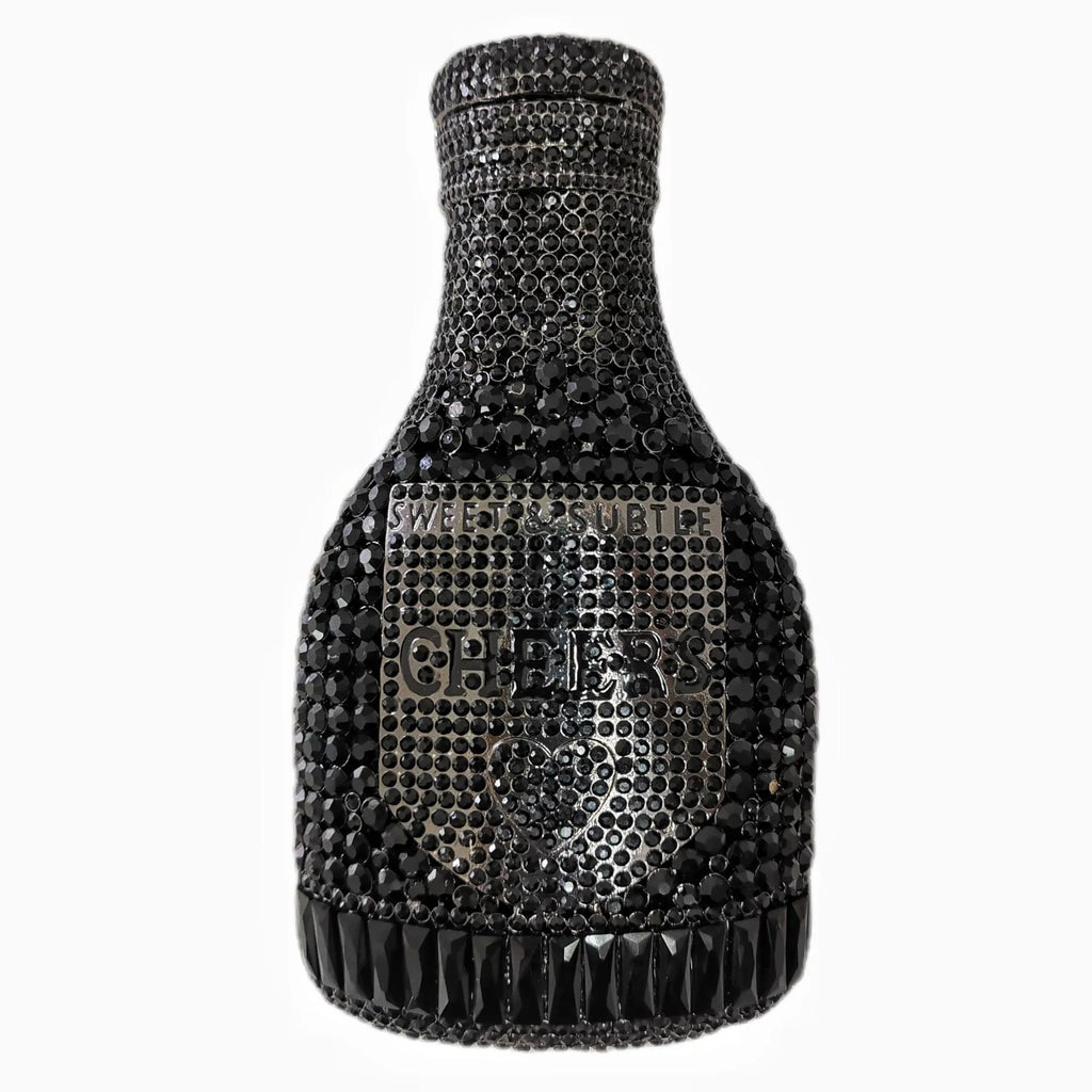 Gold champagne bottle-shaped hard shell evening clutch bag with rhinestone decoration and synthetic leather lining